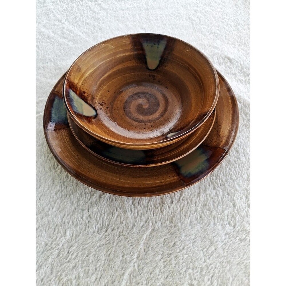 Sango Splash 4951 3-Pc Place Setting Brown Drip Glaze Stoneware Vintage China